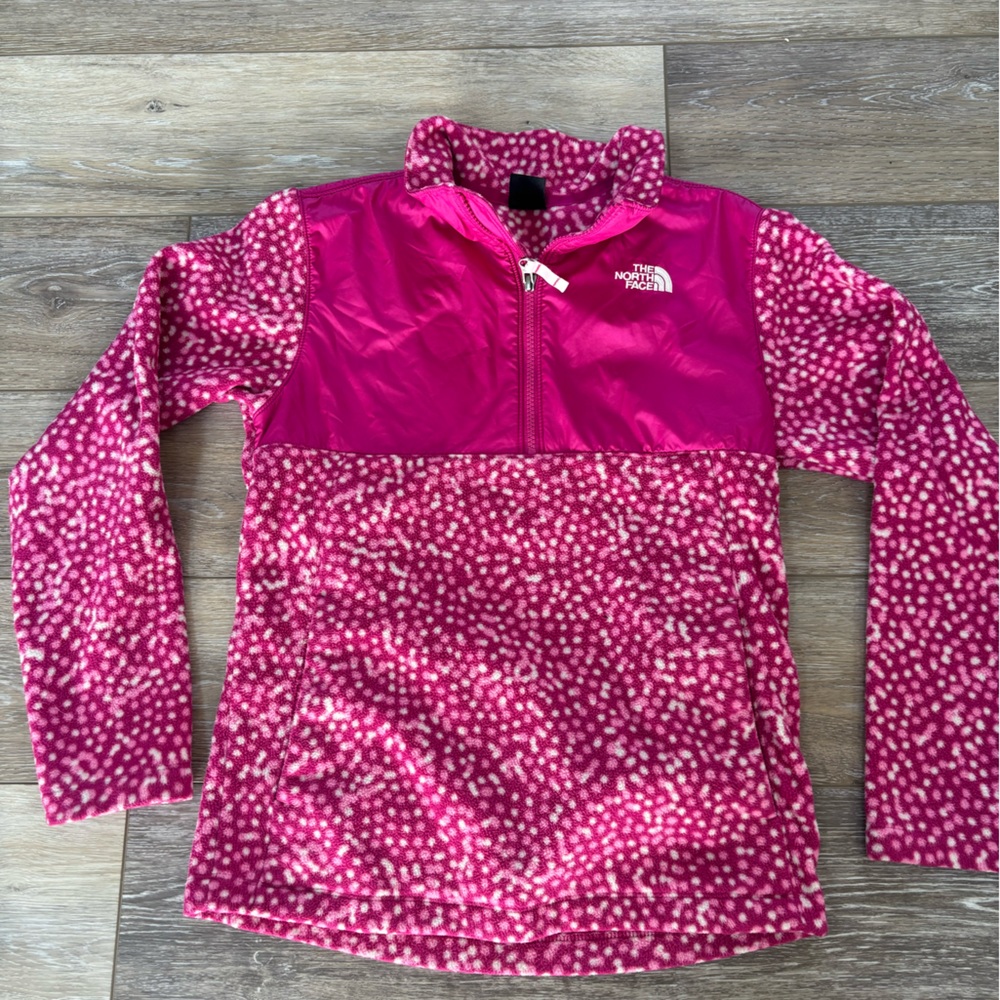 North Face Hot Pink Polka Dot 1/4 zip fleece Pullover Girls Sz L Back to School